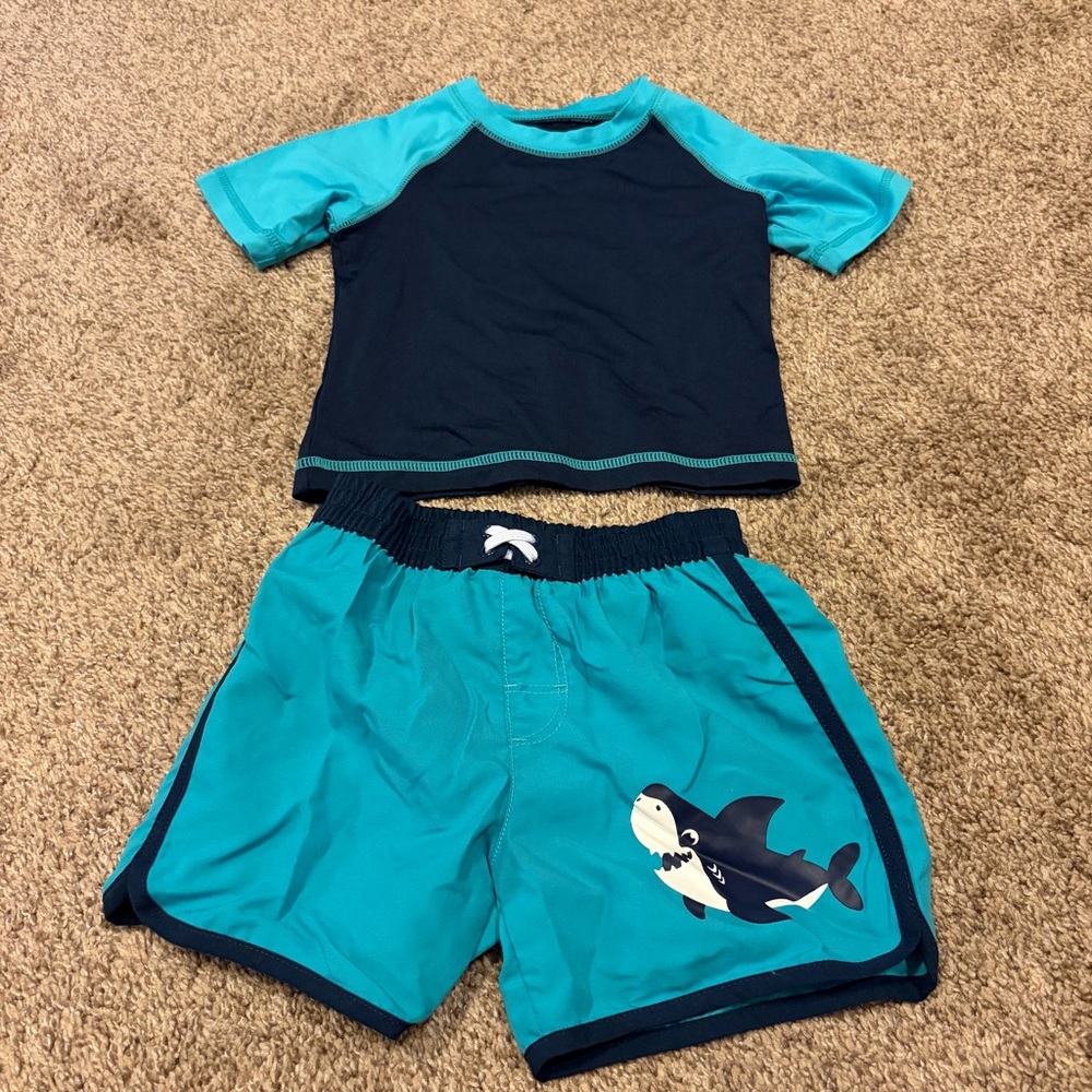 wonder nation Boys Teal and Navy Two-Piece Rash Guard Swim Set Size 12 Months